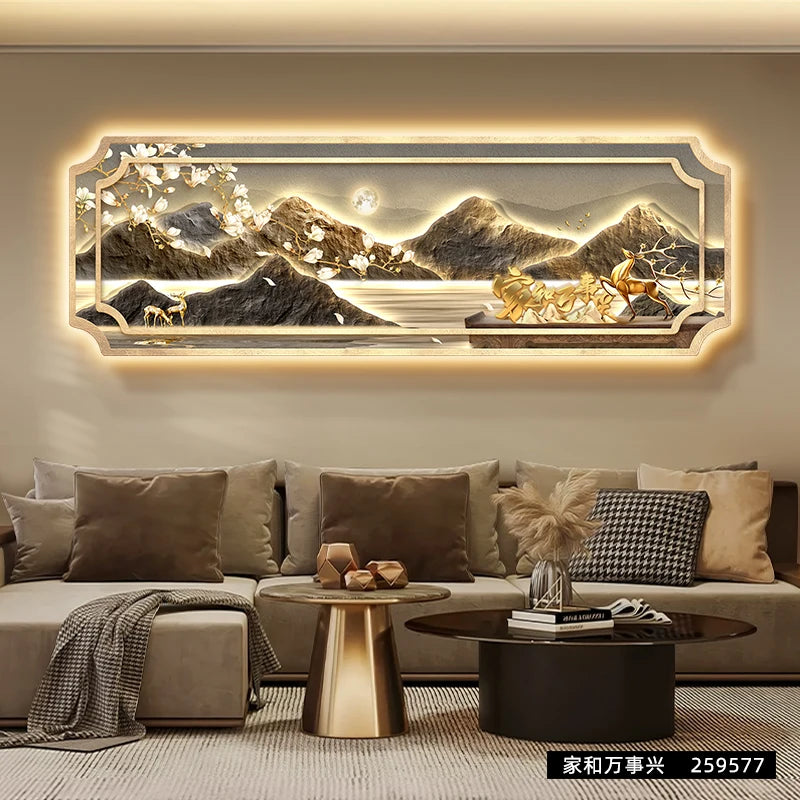 Mountain water living room light painting modern light luxury with led light creative high-end sofa background wall light painti