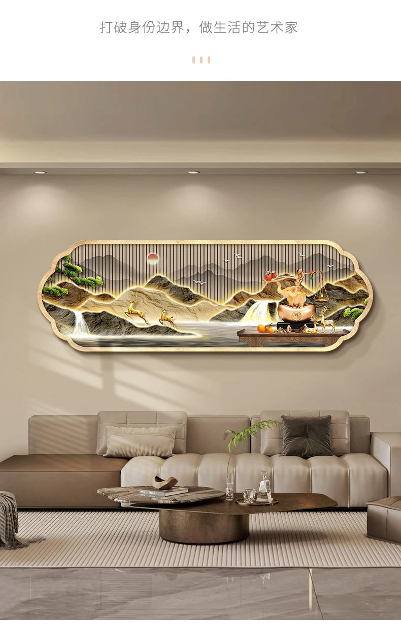 Mountain water living room light painting modern light luxury with led light creative high-end sofa background wall light painti