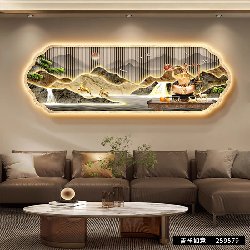 Mountain water living room light painting modern light luxury with led light creative high-end sofa background wall light painti