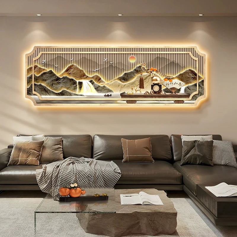 Mountain water living room light painting modern light luxury with led light creative high-end sofa background wall light painti