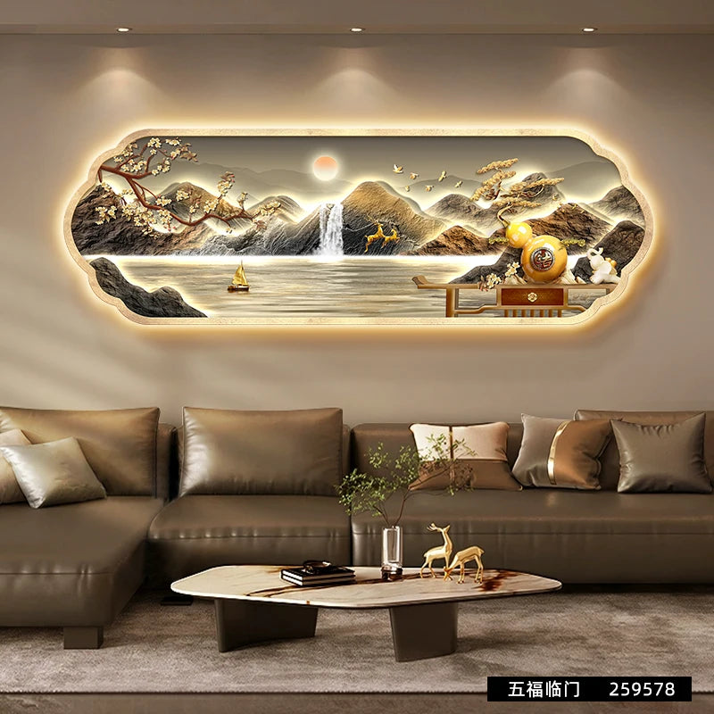 Mountain water living room light painting modern light luxury with led light creative high-end sofa background wall light painti