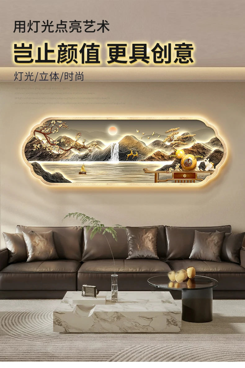 Mountain water living room light painting modern light luxury with led light creative high-end sofa background wall light painti