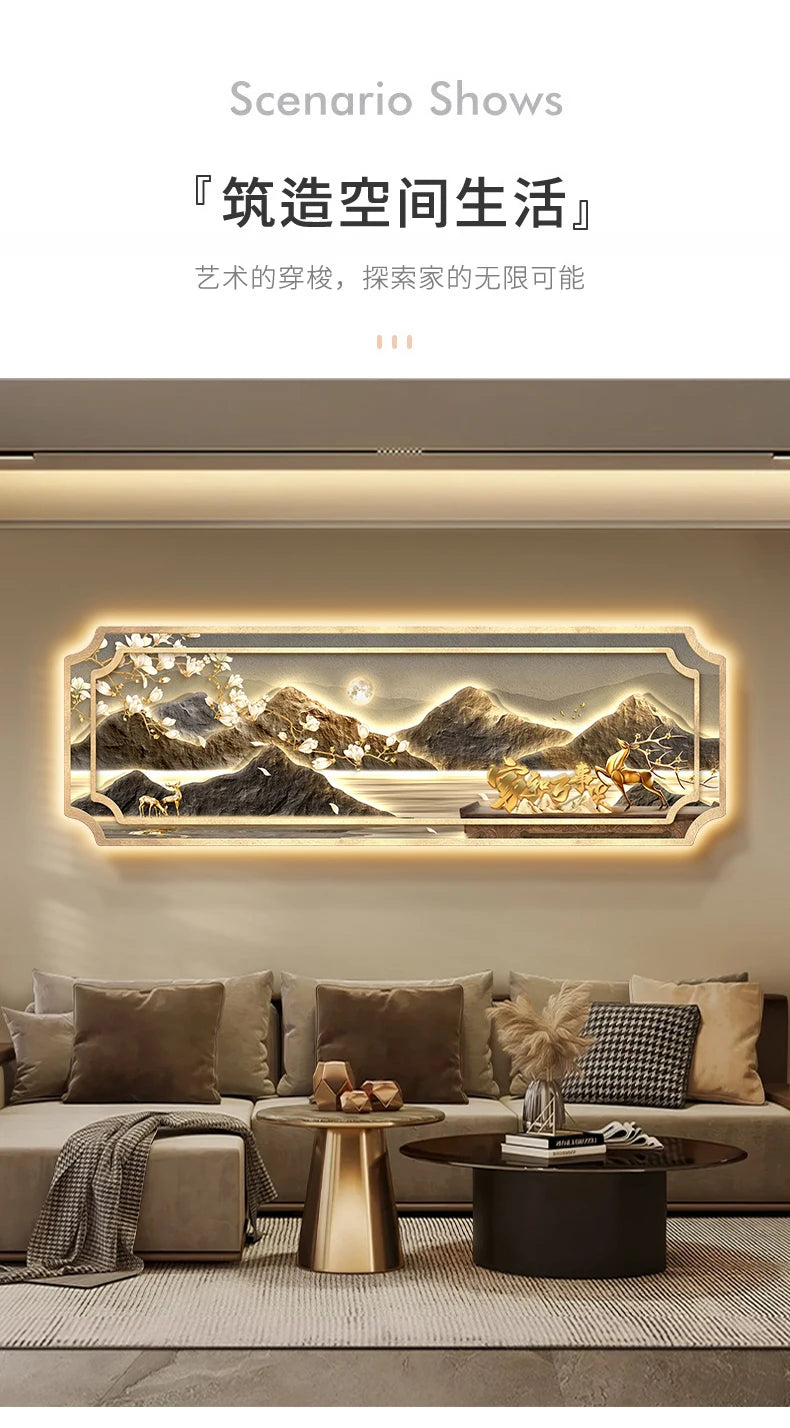 Mountain water living room light painting modern light luxury with led light creative high-end sofa background wall light painti