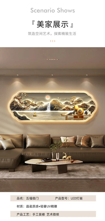 Mountain water living room light painting modern light luxury with led light creative high-end sofa background wall light painti