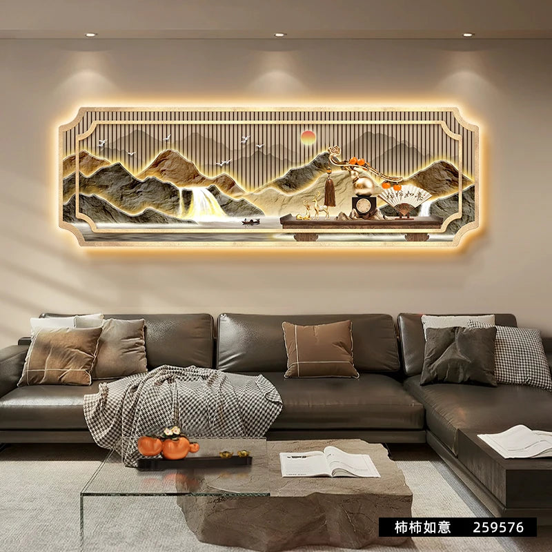 Mountain water living room light painting modern light luxury with led light creative high-end sofa background wall light painti