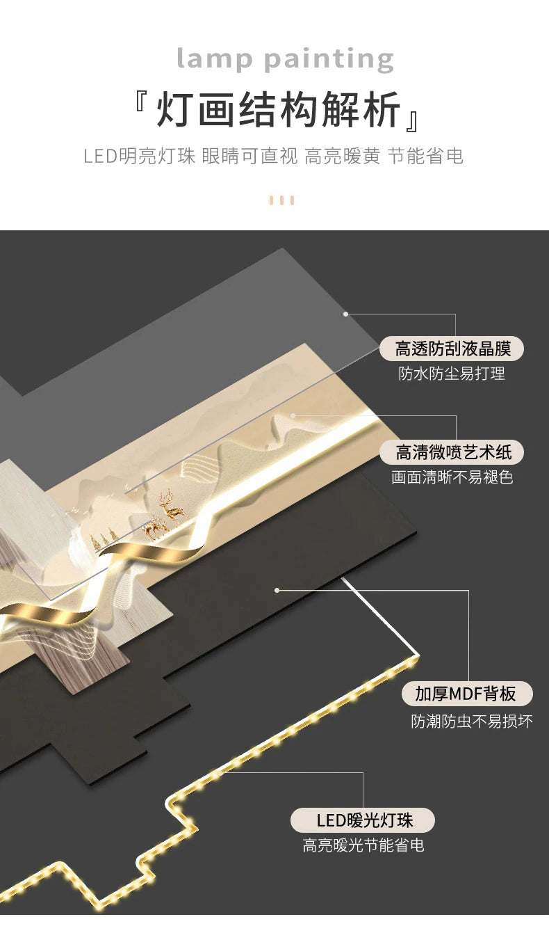 Mountain water living room light painting modern light luxury with led light creative high-end sofa background wall light painti