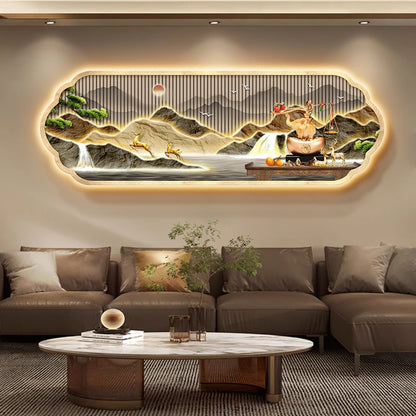 Mountain water living room light painting modern light luxury with led light creative high-end sofa background wall light painti