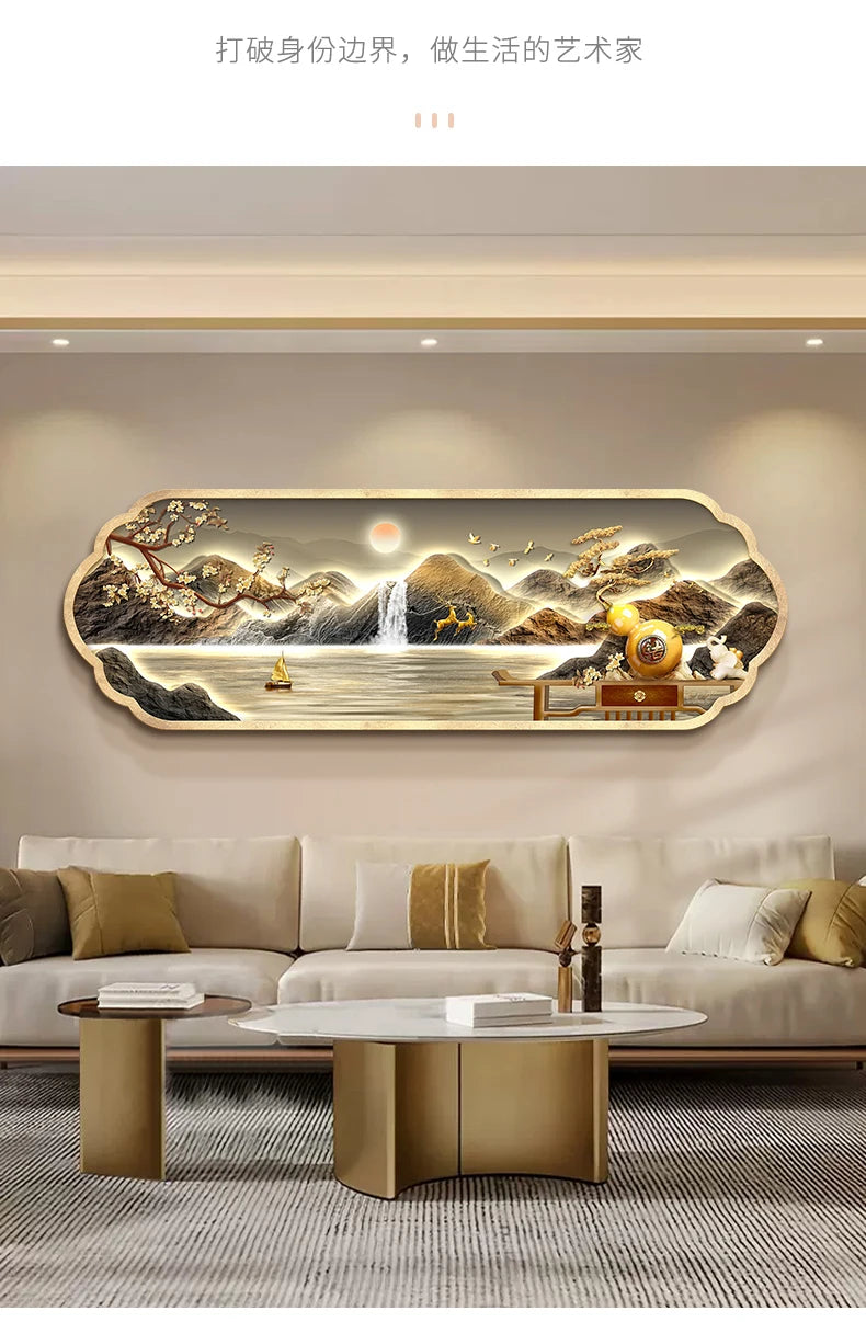 Mountain water living room light painting modern light luxury with led light creative high-end sofa background wall light painti