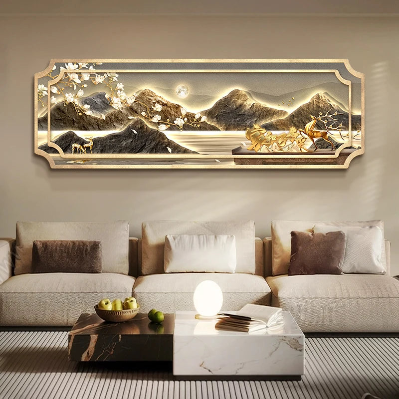 Mountain water living room light painting modern light luxury with led light creative high-end sofa background wall light painti