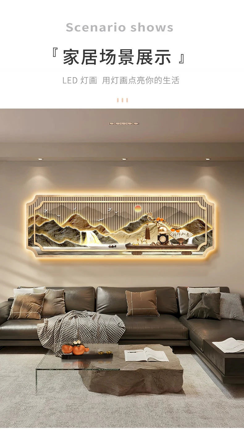 Mountain water living room light painting modern light luxury with led light creative high-end sofa background wall light painti