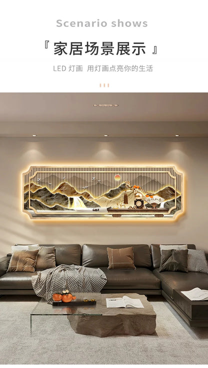 Mountain water living room light painting modern light luxury with led light creative high-end sofa background wall light painti