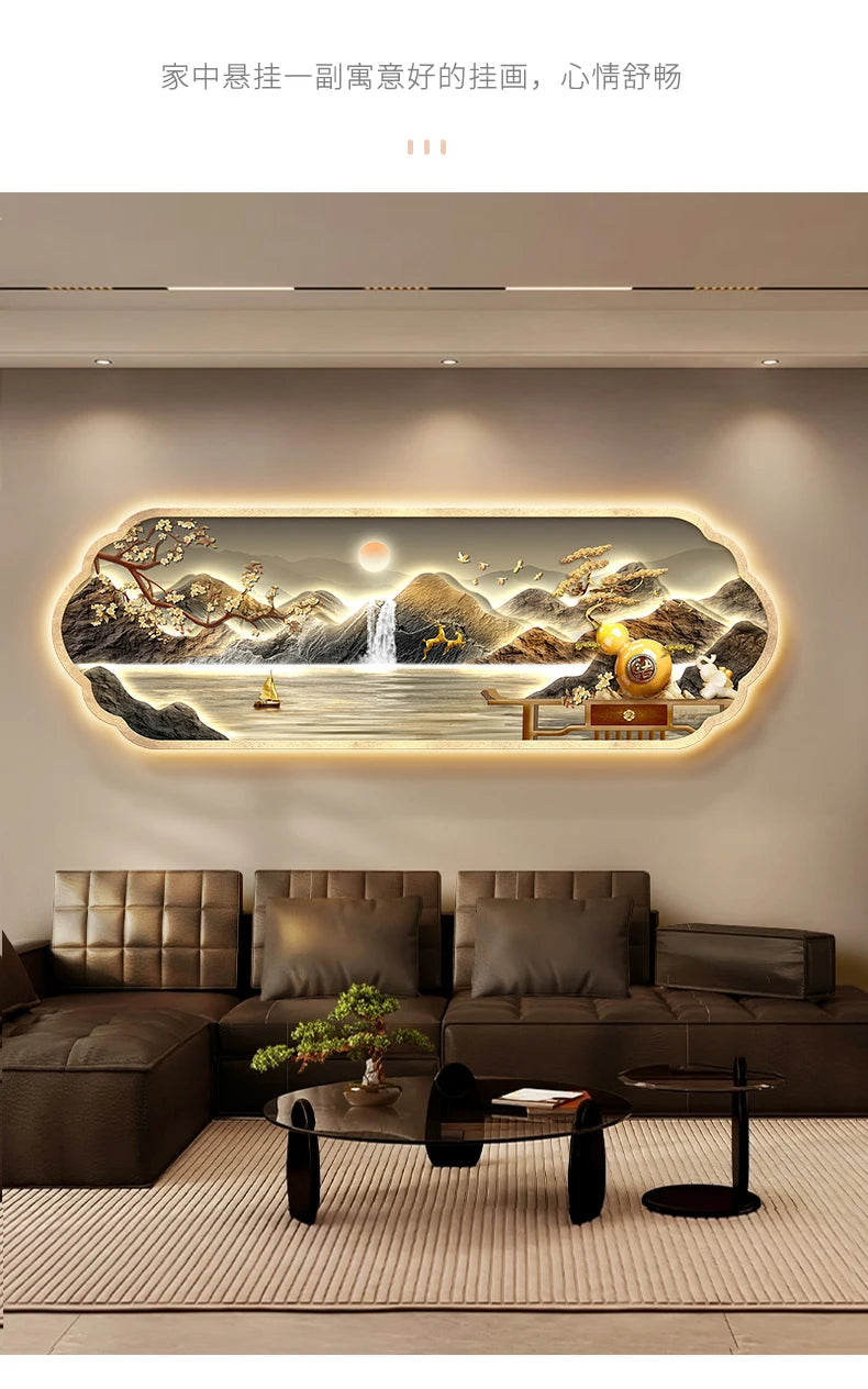 Mountain water living room light painting modern light luxury with led light creative high-end sofa background wall light painti