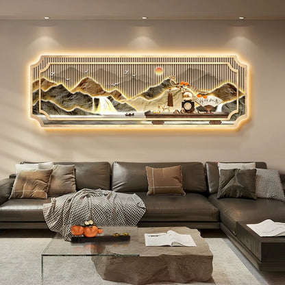 Mountain water living room light painting modern light luxury with led light creative high-end sofa background wall light painti