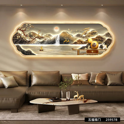 Mountain water living room light painting modern light luxury with led light creative high-end sofa background wall light painti