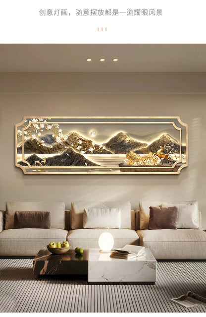 Mountain water living room light painting modern light luxury with led light creative high-end sofa background wall light painti