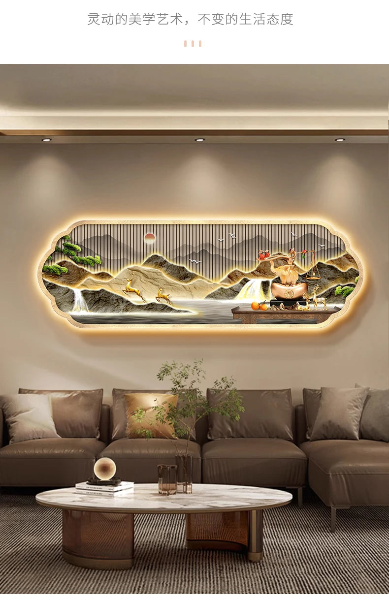 Mountain water living room light painting modern light luxury with led light creative high-end sofa background wall light painti