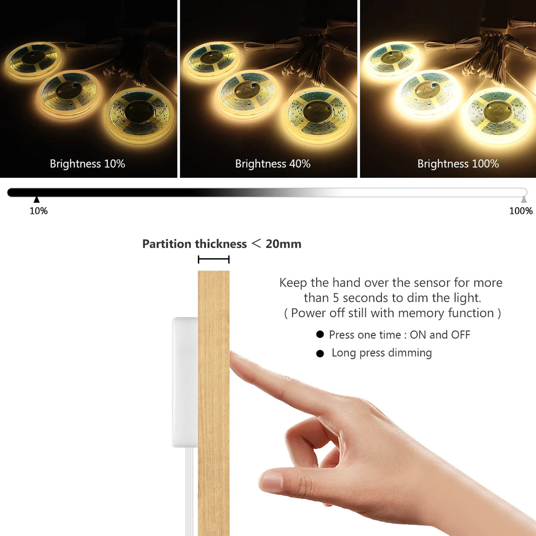 1-6pcs COB LED Strip Light Under Cabinet Collection Display Touch Dimmer Bookcase Wardrobe Motion Sensor Penet Wood Closet Lamp
